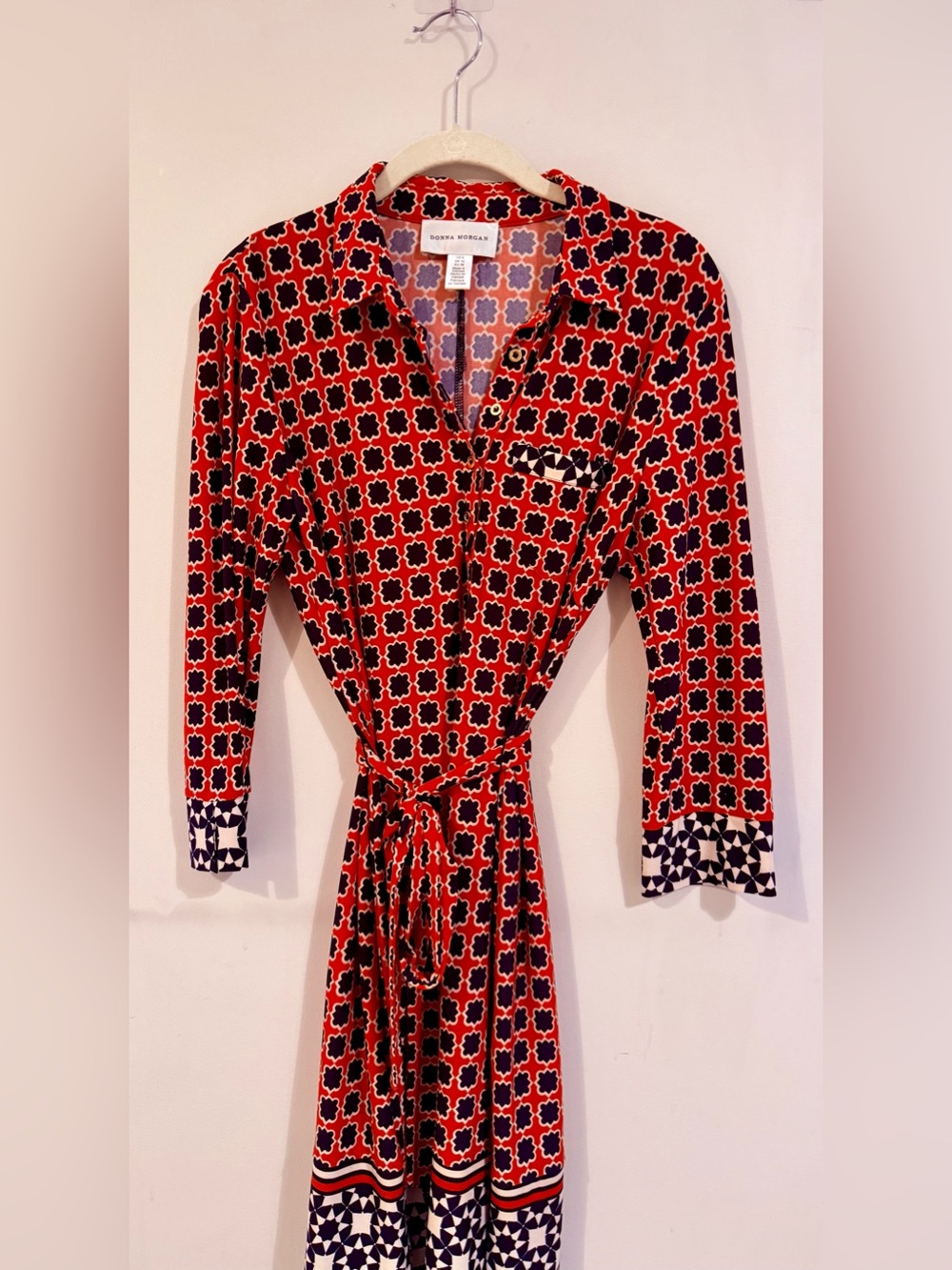 Donna Morgan Retro Geometric Print Belted Dress, Red, White & Navy, Size 8